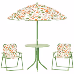 Ensemble salon de jardin extérieur enfant - AIYAPLAY - motif éléphant et girafe parasol réglable Ø 100 cm chaise pliable - ve ...