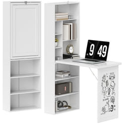 Bureau avec rangement - HOMCOM - pliable - bibliothèque poste de travail tableau blanc étagère réglable - MDF - 98x51x153cm - blanc