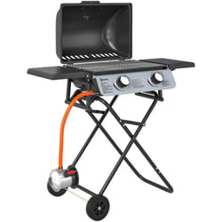 Barbecue gaz pliable portable avec couvercle roues 2 brûleurs 5,6kW thermomètre régulateur tuyau inclus