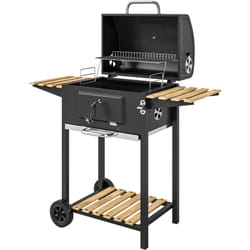 Barbecue charbon de bois avec couvercle 2 roues - hauteur grille réglable, thermomètre, 3 étagères - acier noir bois