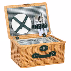 Optez pour l'ensemble panier pique-nique Outsunny pour 2, avec sac isotherme et set repas complet. En osier miel avec couverc ...