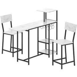 Ensemble table de bar 2 tabourets - table à rabat, casiers à vin 6 bouteilles, porte-verres, 3 étagères - acier noir effet marbre blanc