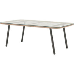 Outsunny - Table basse de jardin style Acapulco piètement incliné acier noir résine filée effet naturel plateau verre trempé