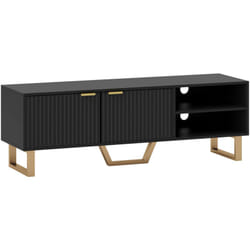 Meuble tv design contemporain 2 portes effet cannelé 2 niches piètement poignées métal doré mdf noir