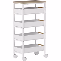 Besoin de rangement dans un espace restreint ? Le chariot de cuisine HOMCOM, avec son plateau effet bois et quatre tiroirs re ...