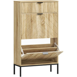 Meuble à chaussures design sur pied - 2 portes, tiroir coulissant - acier noir effet bois