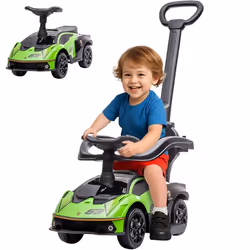 Voiture à pousser pour enfants AIYAPLAY porteur enfants 1 à 3 ans multi-équipée avec poignée de poussée klaxon et volant vert