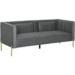 Canapé 3 places design contemporain - 2 coussins inclus - piètement circulaire métal doré velours gris