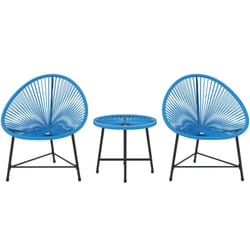 Outsunny - Salon de jardin 3 pcs 2 places design Acapulco plateau verre trempé acier noir résine filaire bleu