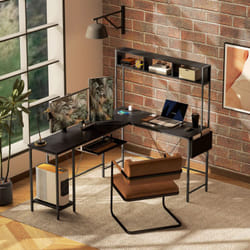 Homcom - Bureau d'angle réversible design - multi-rangement - prise et port usb - métal effet bois noir