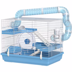 Découvrez la cage à hamster PawHut, idéale pour les hamsters nains. Avec trois niveaux, des tubes pour explorer, bouteille d' ...