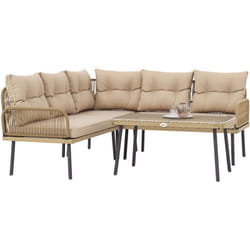 Outsunny - Ensemble salon de jardin d'angle 5 places avec table basse et coussins beige résine tressée effet rotin