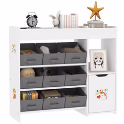 Meuble rangement enfant étagère de rangement pour jouets enfants AIYAPLAY avec 9 tiroirs en tissu et placard blanc