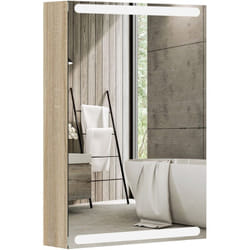 Armoire murale salle de bain 1 porte miroir lumineux led intégré 50 x 70 cm 2 étagères verre effet bois