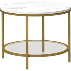 Table basse ronde dia. 60 cm avec étagère verre trempé métal doré plateau effet marbre blanc