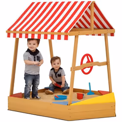 Bac à sable en bois pour enfants - AIYAPLAY - forme bateau - toit anti-UV sièges gouvernail et fond protecteur - jaune