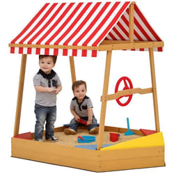 Bac à sable en bois pour enfants - AIYAPLAY - forme bateau - toit anti-UV sièges gouvernail et fond protecteur - jaune