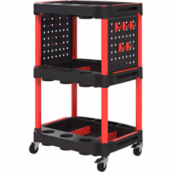 Découvrez le chariot à outils HOMCOM avec trois niveaux d'étagères et compartiments latéraux à dix crochets pour un rangement ...