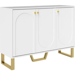 Buffet design 3 portes 2 étagères piètement poignées métal doré panneaux blanc