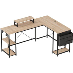Homcom - Bureau d'angle modulable réversible style industriel - nombreux rangements - acier noir effet bois naturel