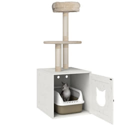 Arbre à chat avec maison de toilettes - PawHut - 2-en-1 - 129 cm - avec cache-litière poteaux à griffer lit - crème