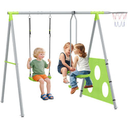 Portique balançoire enfant 4 en 1 - face à face, balançoire, panier basket-ball, cible football - acier gris vert pomme