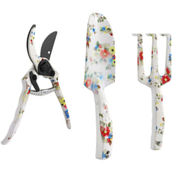 Kit 3 outils de jardin - sécateur, transplantoir, griffe à main - alu métal blanc motif fleurs
