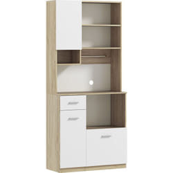 Buffet haut de cuisine - 3 portes, 2 étagères, 4 niches, tiroir, grand plateau - blanc effet bois