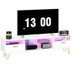 Meuble TV - HOMCOM - LED RGB de 16 couleurs - 2 tiroirs et étagère ouverte - MDF - 160x35x42cm - blanc