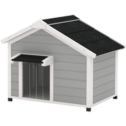 Pawhut - Niche chien sur pied design cottage - toit bitumé ouvrant, 2 portes, rideau à lanières - bois blanc gris