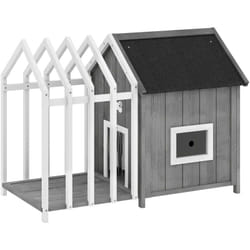 Pawhut - Niche villa pour chien sur pied - terrasse, claustra, auvent, porte, fenêtre, toit bitumé - bois blanc gris