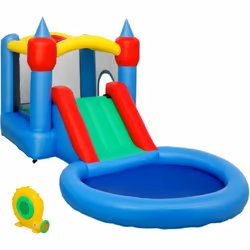 Découvrez le château gonflable AIYAPLAY : aire de sauts, toboggan, piscine à balles, panier de basketball pour trois enfants. ...