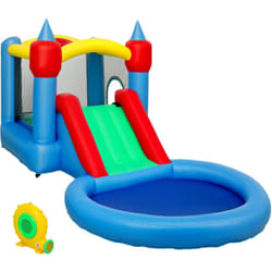Château gonflable enfant 4 en 1 - toboggan, trampoline, panier basket-ball, piscine - nombreux accesoires