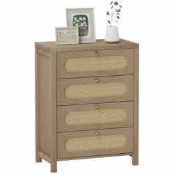 Commode - HOMCOM - 4 tiroirs - style bohémienne - avec portes résine tressée poignées dorés - 70 x 38 x 93 cm - effet bois na ...