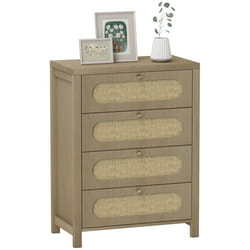 Commode - HOMCOM - 4 tiroirs - style bohémienne - avec portes résine tressée poignées dorés - 70 x 38 x 93 cm - effet bois naturel