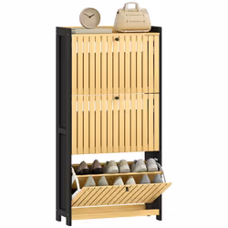 Meuble à chaussures - HOMCOM - 18 paires - 3 tiroirs rabattables portes en bambou à lattes - 60x24x118cm - noir et bois natur ...