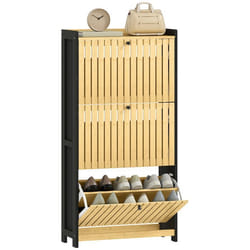 Meuble à chaussures - HOMCOM - 18 paires - 3 tiroirs rabattables portes en bambou à lattes - 60x24x118cm - noir et bois naturel