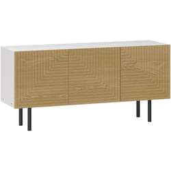 Meuble tv banc tv design graphique - 3 portes, 3 étagères, 3 passe-câbles - blanc effet bois