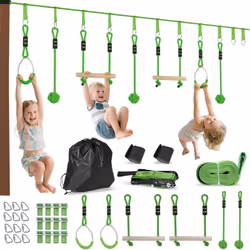 Transformez votre jardin en jungle avec la tyrolienne AIYAPLAY pour enfants. Trois kits avec anneaux métalliques, barres de s ...