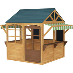 Aiyaplay - Maisonnette cabane enfant - porte, fenêtres, comptoirs, stores bannes, tableaux noirs - dim. 173x117x144cm - bois