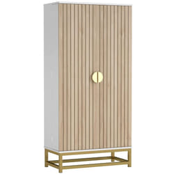 Armoire de cuisine design 2 portes effet claustra bois - 12 étagères de porte + 4 étagères internes - acier doré blanc