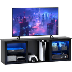 Meuble tv design led - banc tv contemporain - 2 étagères verre, grande niche et plateau - dim. 160 x 35 x 35 cm - noir