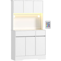 Homcom - Buffet haut armoire cuisine design led 6 portes 4 étagères 2 tiroirs grand plateau blanc
