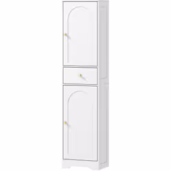 Optimisez l'espace avec cette colonne de rangement élancée pour salle de bain, dotée de deux armoires et un tiroir central po ...