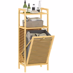 Meuble de rangement à linge - HOMCOM - avec étagère panier à linge basculant porte à lattes - bambou - effet bois naturel