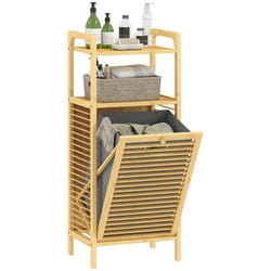 Meuble de rangement à linge - HOMCOM - avec étagère panier à linge basculant porte à lattes - bambou - effet bois naturel