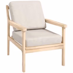 Fauteuil lounge style nordique piètement structure accoudoirs bois naturel épais coussins tissu beige