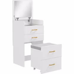 Explorez le bureau de coiffeuse HOMCOM 3 en 1, combinant coiffeuse, table de nuit et tabouret en un seul meuble compact. Prof ...
