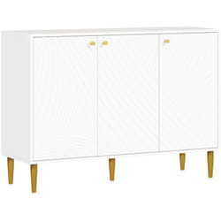 Buffet design graphique - 3 portes, 2 étagères - piètement poignées métal doré blanc