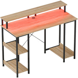 Homcom - Bureau informatique design industriel led - 3 étagères, réhausseur d'écran - acier noir effet bois naturel